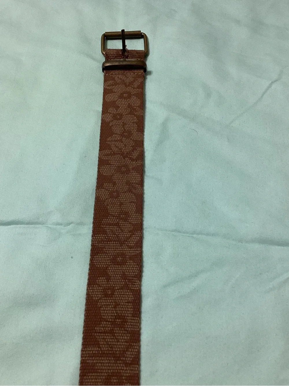 Ladies Brown Canvas Floral Embossed Brass Tone OS Belt